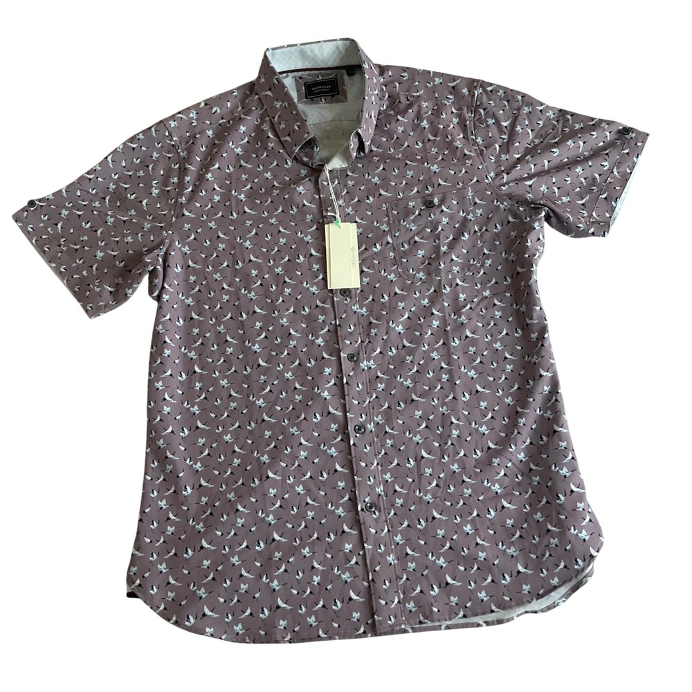 7Diamonds Button Down Mens Large Purple Crane Print 4-Way Stretch Short Sleeve